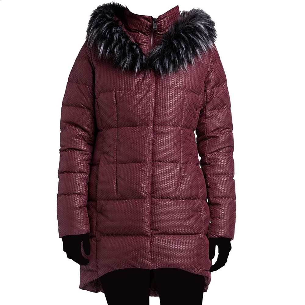 The North Face Burgundy Puffer Jacket with Faux Fur Trim